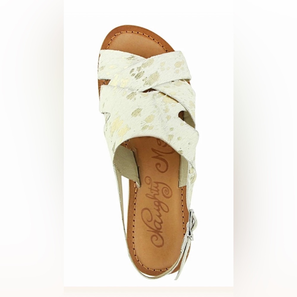 Naughty Monkey strappy sandal with white and gold leopard pony hair. Never worn